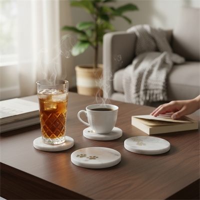 Set of 4 Paw Print Marble Coasters -White